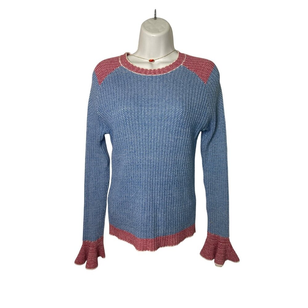 English Factory Blue & Red Raglan Sleeve Cropped Sweater, Small